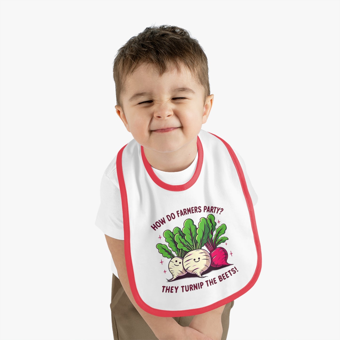 Baby Bib — "How Do Farmers Party? They Turnip the Beets!" Cute Veggie Pun