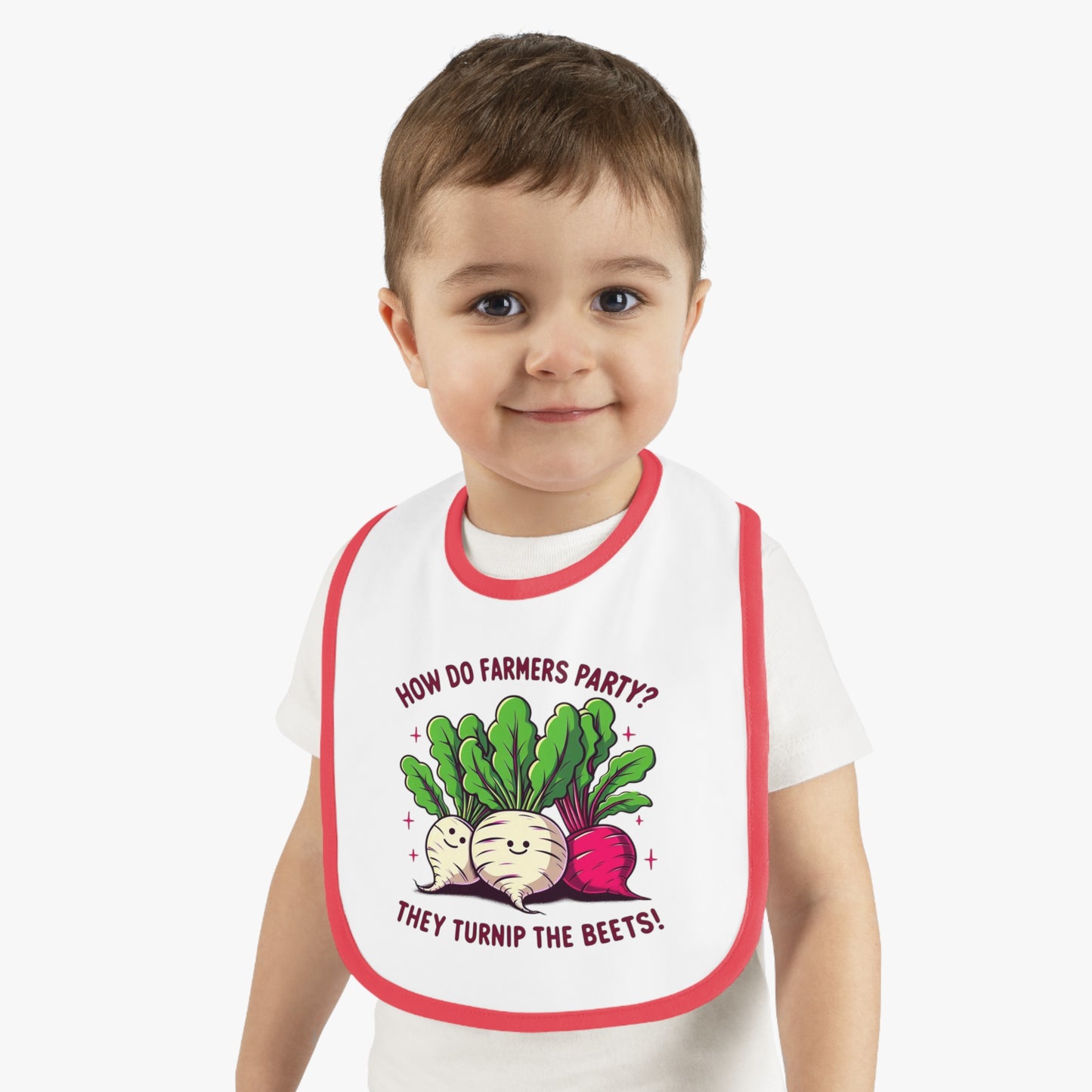 Baby Bib — "How Do Farmers Party? They Turnip the Beets!" Cute Veggie Pun