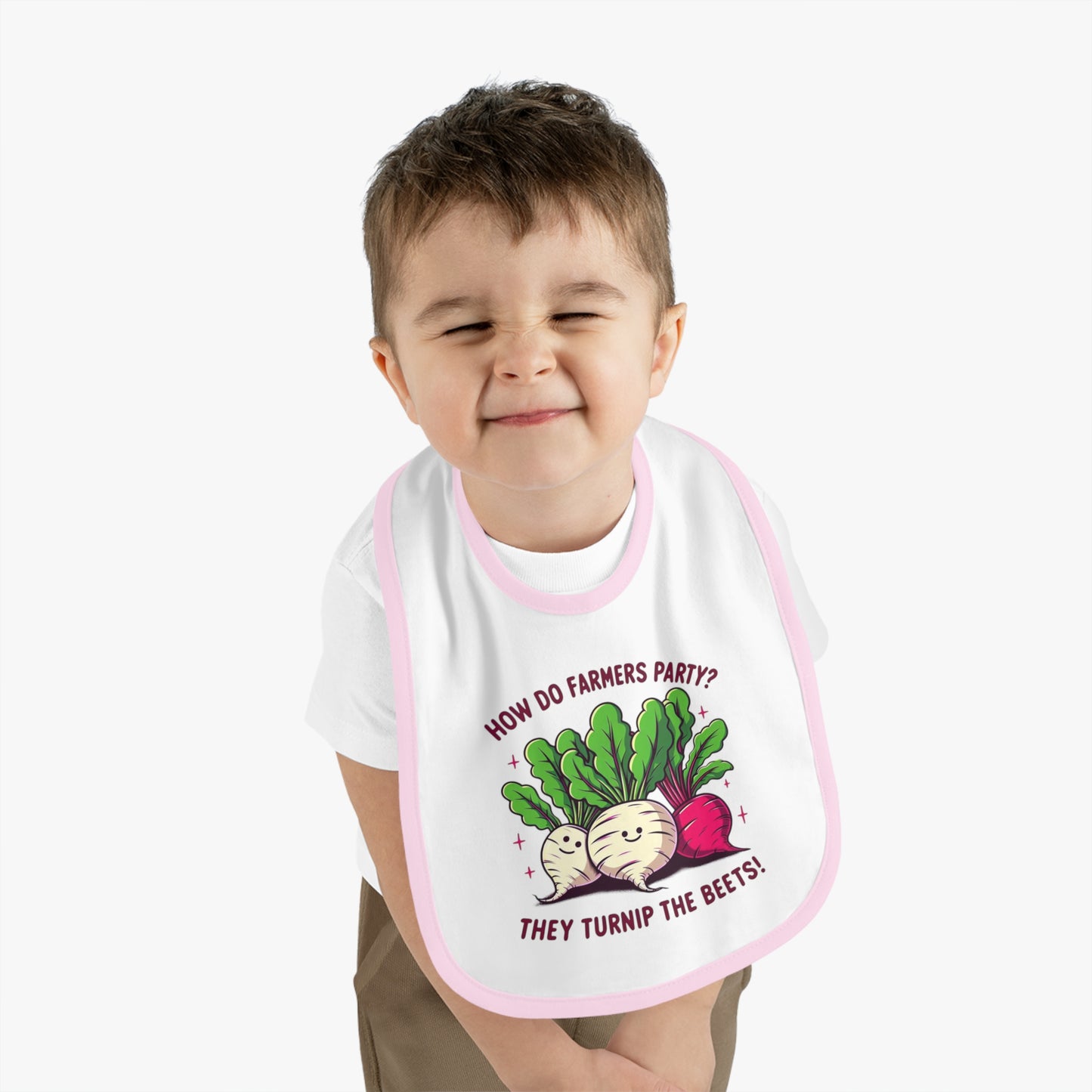 Baby Bib — "How Do Farmers Party? They Turnip the Beets!" Cute Veggie Pun