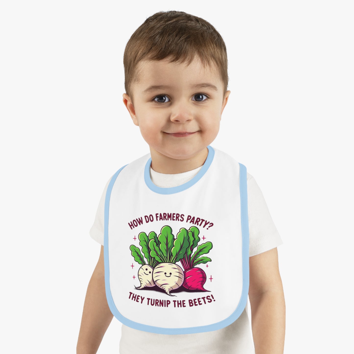Baby Bib — "How Do Farmers Party? They Turnip the Beets!" Cute Veggie Pun