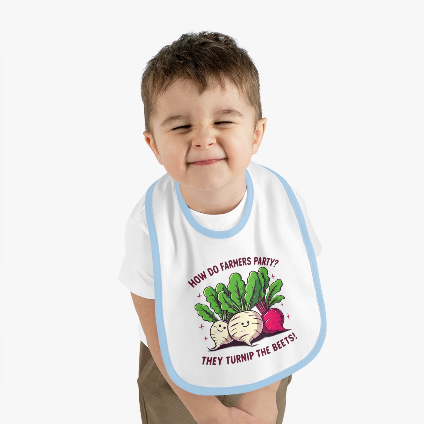 Baby Bib — "How Do Farmers Party? They Turnip the Beets!" Cute Veggie Pun
